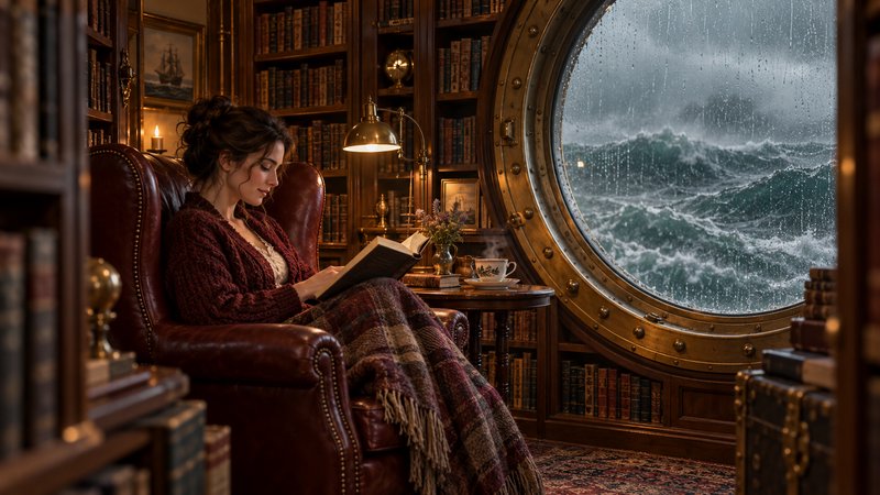 Woman reading in cozy vintage ship library next to large brass porthole overlooking stormy rainy ...