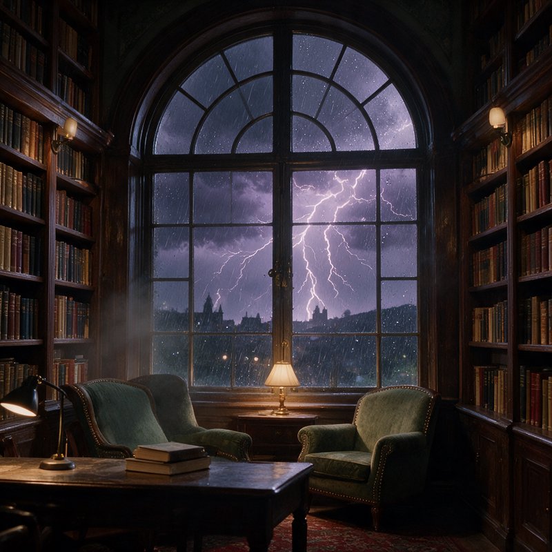 Cozy vintage library interior looking out at a dramatic lightning thunderstorm through a large ar...