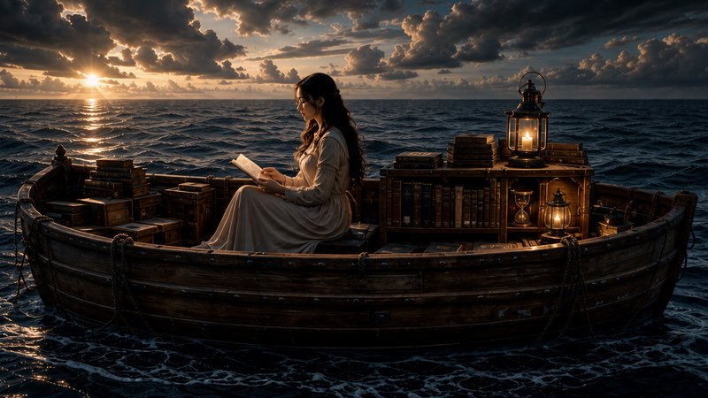 Woman reading in a wooden boat full of antique books floating on the open ocean at dramatic sunset