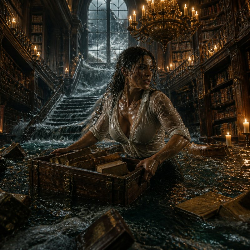 Soaked woman rescues antique books from rising floodwater in an ornate candlelit flooded old library