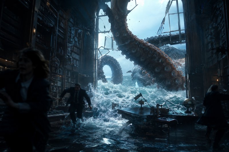Giant kraken tentacles burst through shattered library windows as floodwater surges in and panick...