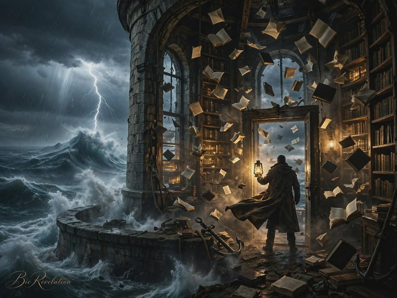 Man holding a lantern stands in a storm-battered lighthouse library, as flying books blow out tow...