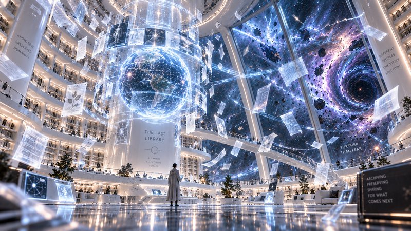 Futuristic "Last Library" interior with floating hologram pages, glowing Earth projection, cosmic...