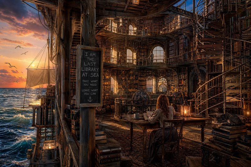 Multi-tiered wooden ship library at golden sunset, a woman reads at a desk next to a "Last Librar...