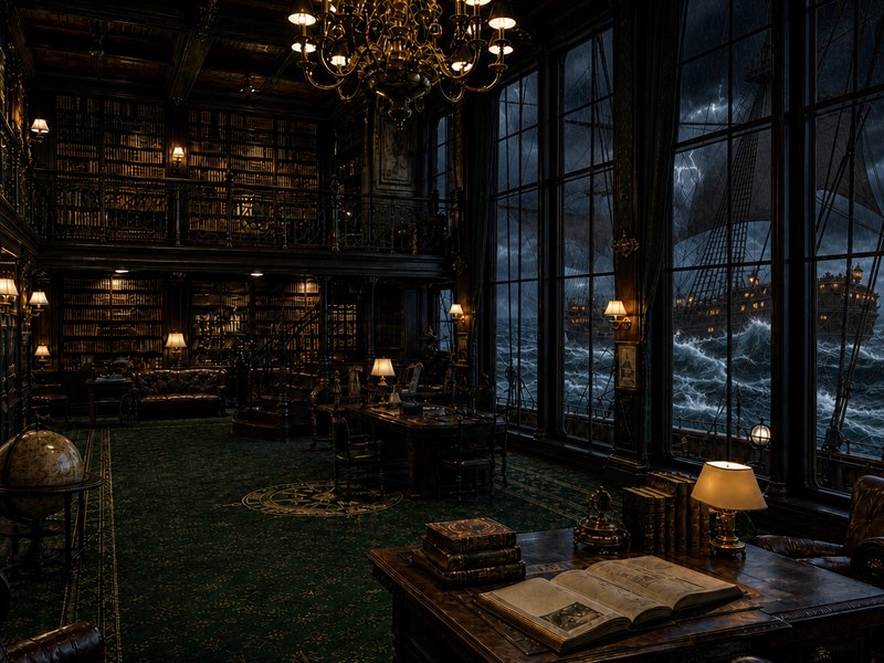 Ornate vintage ship library interior, with stormy sea and tall sailing galleons visible through l...