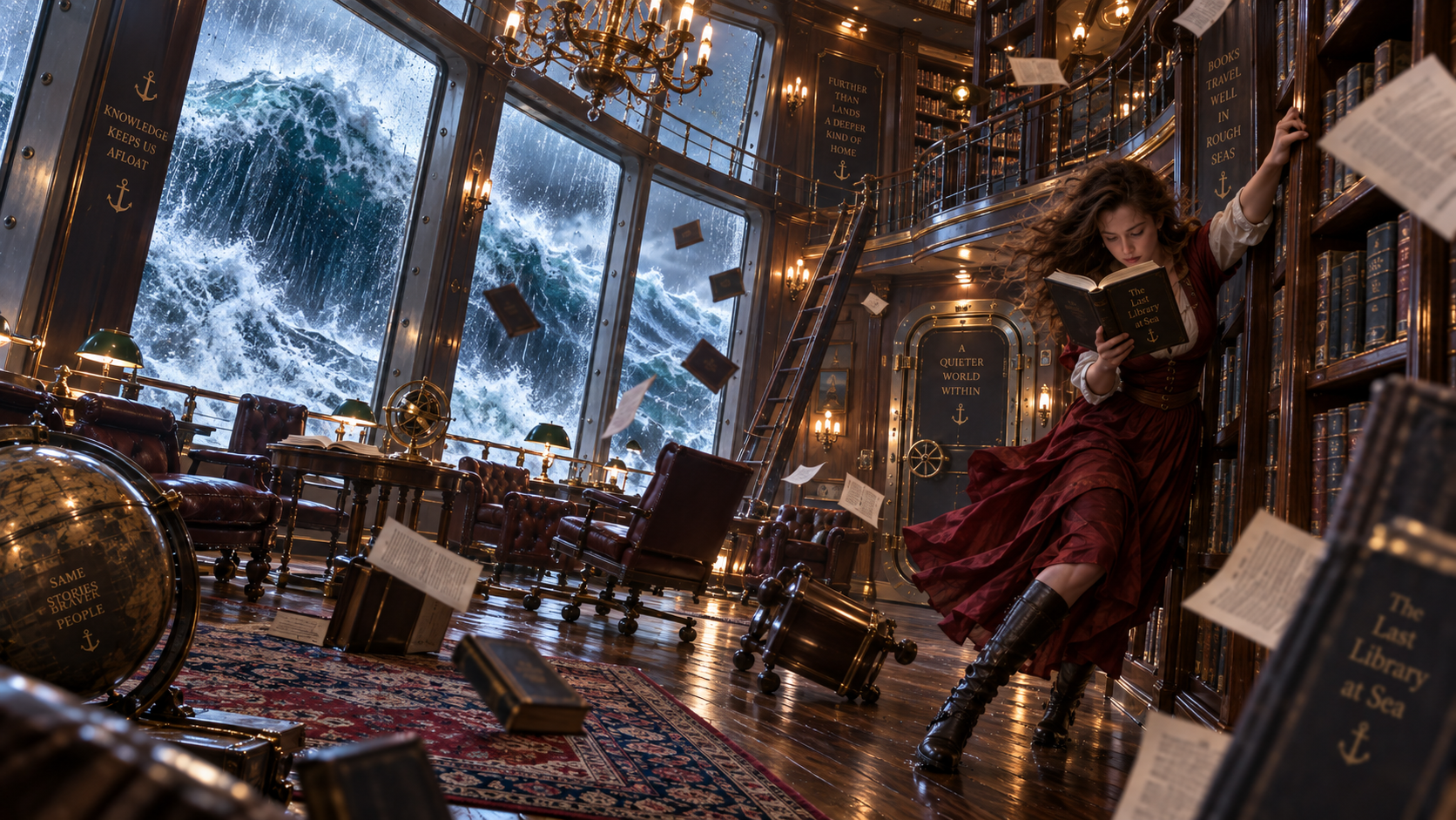 Woman reading in a tilting ship library as massive storm ocean waves crash outside large observation windows