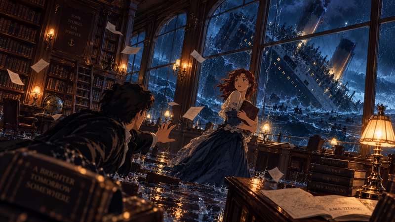 Anime illustration of flooding RMS Titanic library, a man reaches for a woman as the ship sinks i...