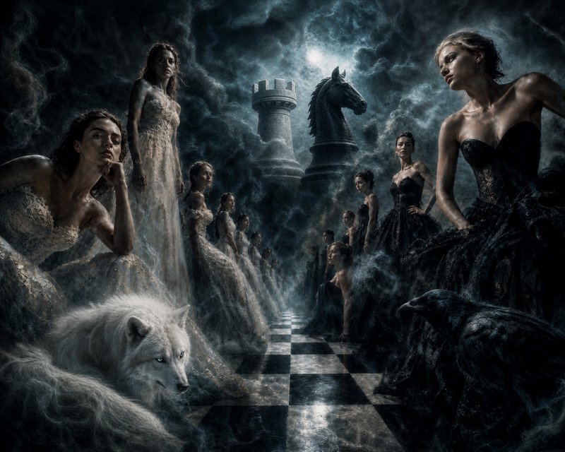 Surreal dark fantasy chess standoff, opposing rows of women in black/white gowns, giant chess pie...