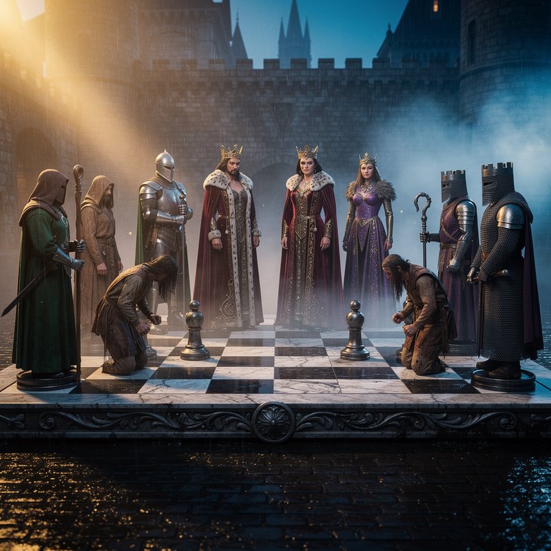 Epic fantasy scene of royal medieval court standing on a giant marble chessboard in a misty castl...