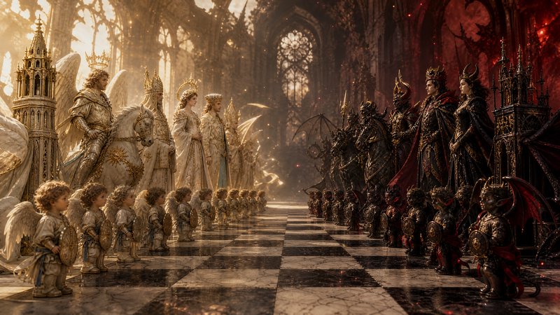 Giant marble chessboard inside a gothic cathedral, angelic light faction faces off against opposi...