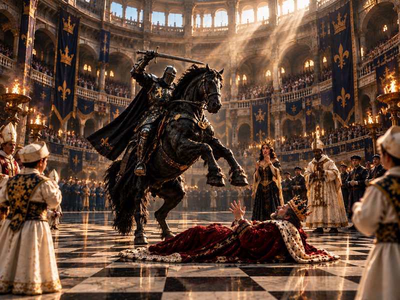 Armored knight on rearing black war horse holds a raised sword over a fallen king, as shocked roy...