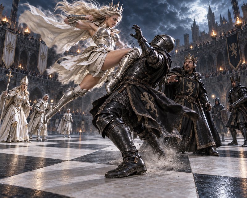 Crowned blonde warrior queen in silver armor delivers a flying kick to a black armored knight in ...