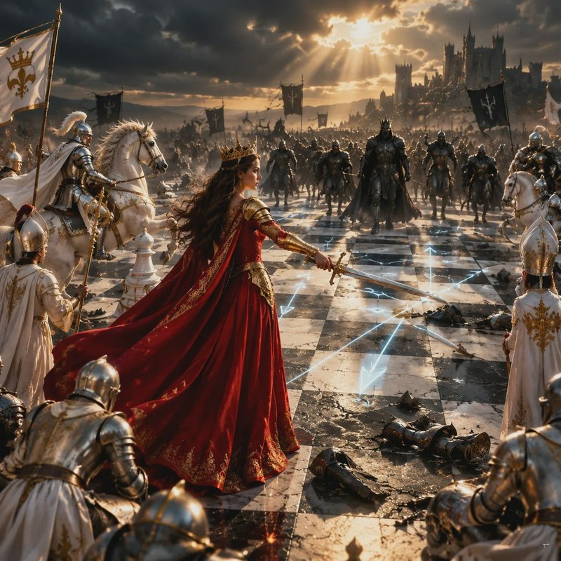 Crowned fantasy warrior queen in red gold gown holds sword, standing on giant chessboard battlefi...