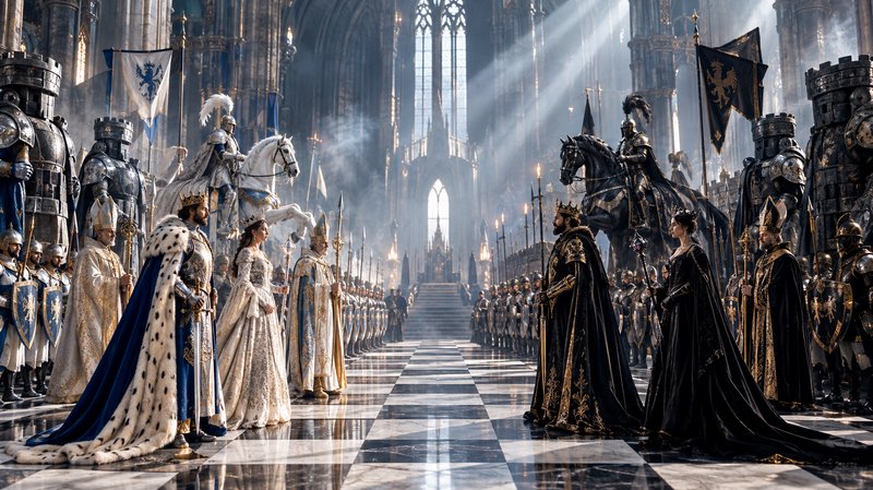 Tense encounter of rival royal courts in a sunlit grand gothic medieval throne room, flanked by a...