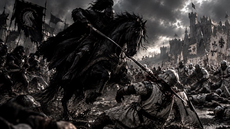 Dark armored knight on rearing warhorse strikes a crusader soldier during a chaotic muddy medieva...