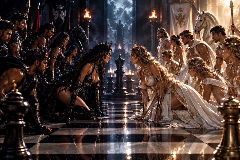 Rival dark and light crowned queens face off across a giant chessboard throne room, flanked by th...
