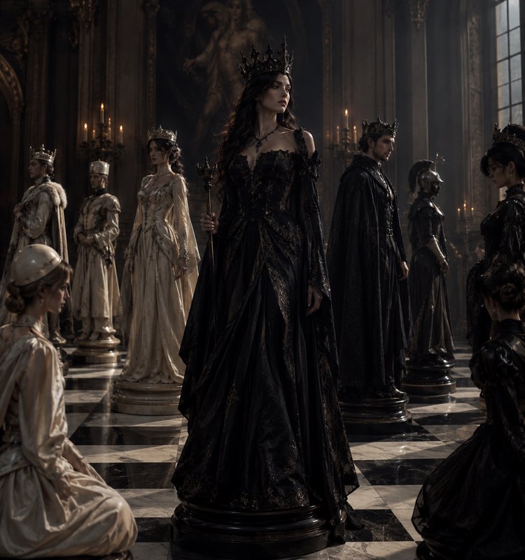 Regal dark fantasy queen in an ornate black gown and crown stands at the center of a candlelit ro...