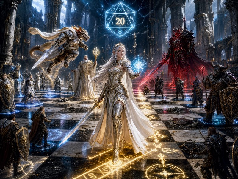 Glowing natural 20 d20 hovers over a D&D good vs evil fantasy chessboard battle led by an elven p...