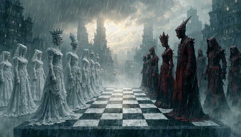 Ornate white and red humanoid chess pieces face off across a giant chessboard in a rainy, foggy g...