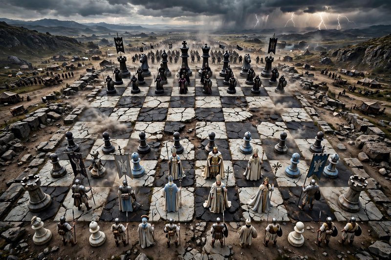 Giant cracked stone battlefield chessboard with human warrior chess pieces under a stormy lightni...