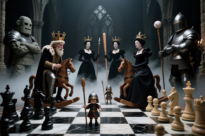 Surreal scene of personified living chess pieces arranged on a giant chessboard inside a misty go...