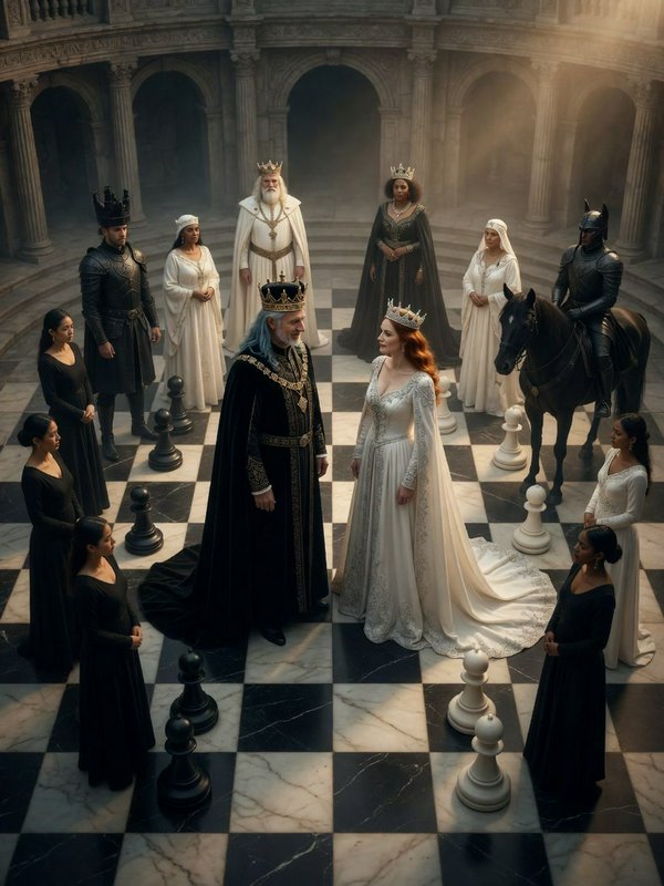 Fantasy royal court of kings, queens and knights arranged as pieces on a giant chessboard in a su...