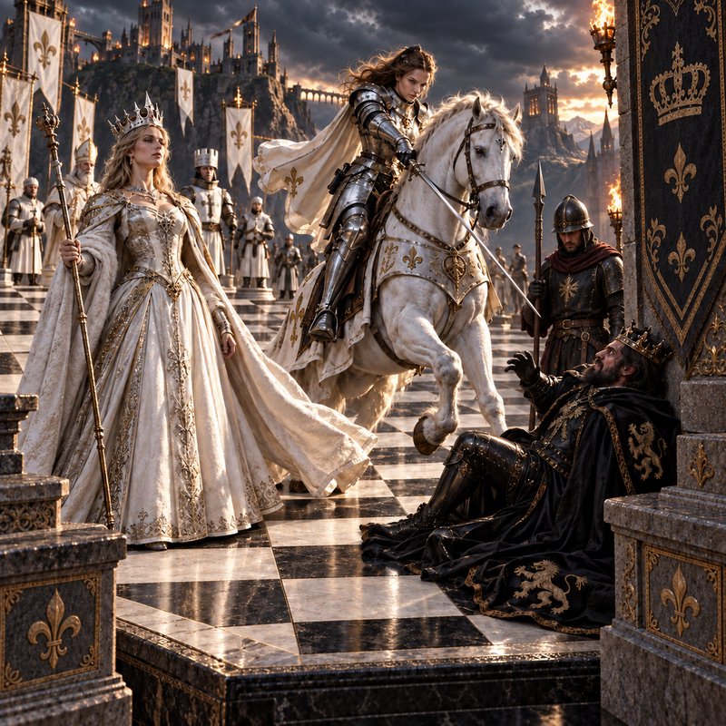 Armored warrior queen on a decorated white horse confronts a defeated king, as a ruling crowned q...