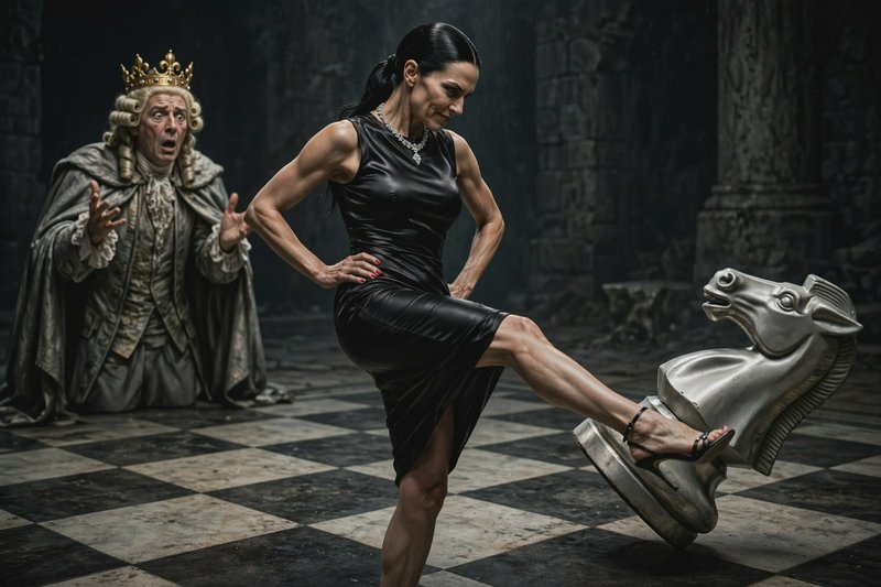 Muscular woman in black dress kicks giant silver chess knight as shocked rococo king kneels on ch...