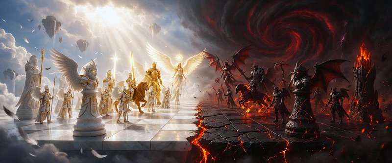 Epic fantasy chess battlefield pitting holy angelic forces against demonic dark armies split by a...