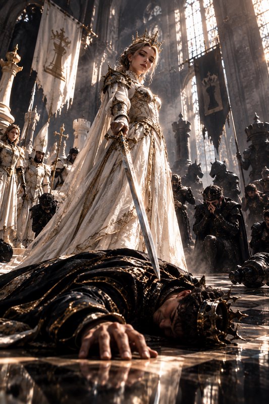 Crowned fantasy queen in white gold regalia holds a sword over a fallen defeated king in a grand ...
