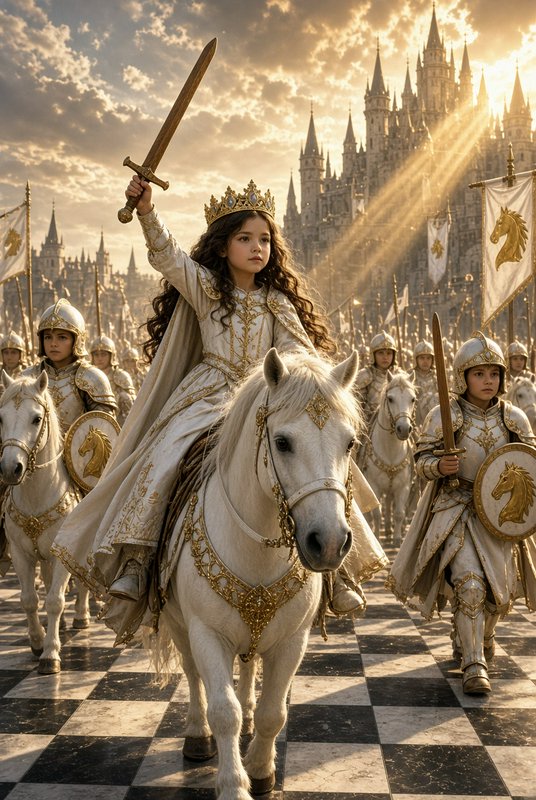 Young crowned fantasy queen on ornate white horse raises a sword, leading a knight retinue before...
