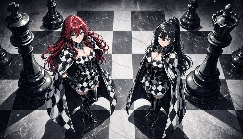 Two anime women in matching checkered outfits stand on a giant marble chessboard surrounded by ov...