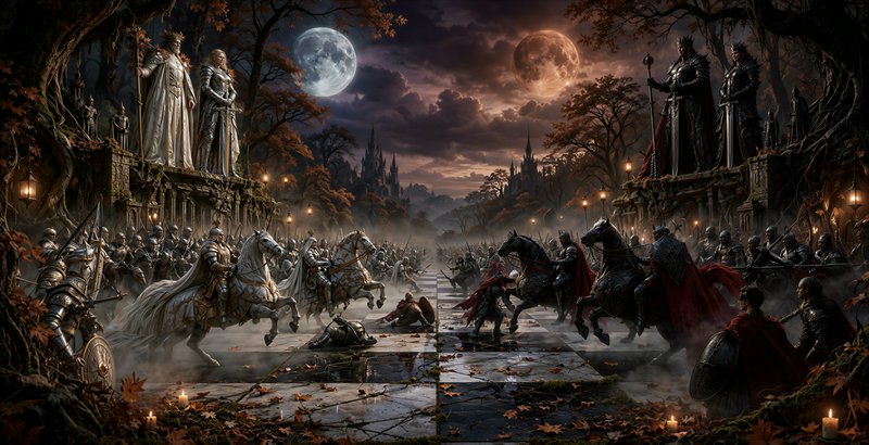 Epic fantasy battle scene of opposing knight armies clashing on a giant chessboard, watched by ro...