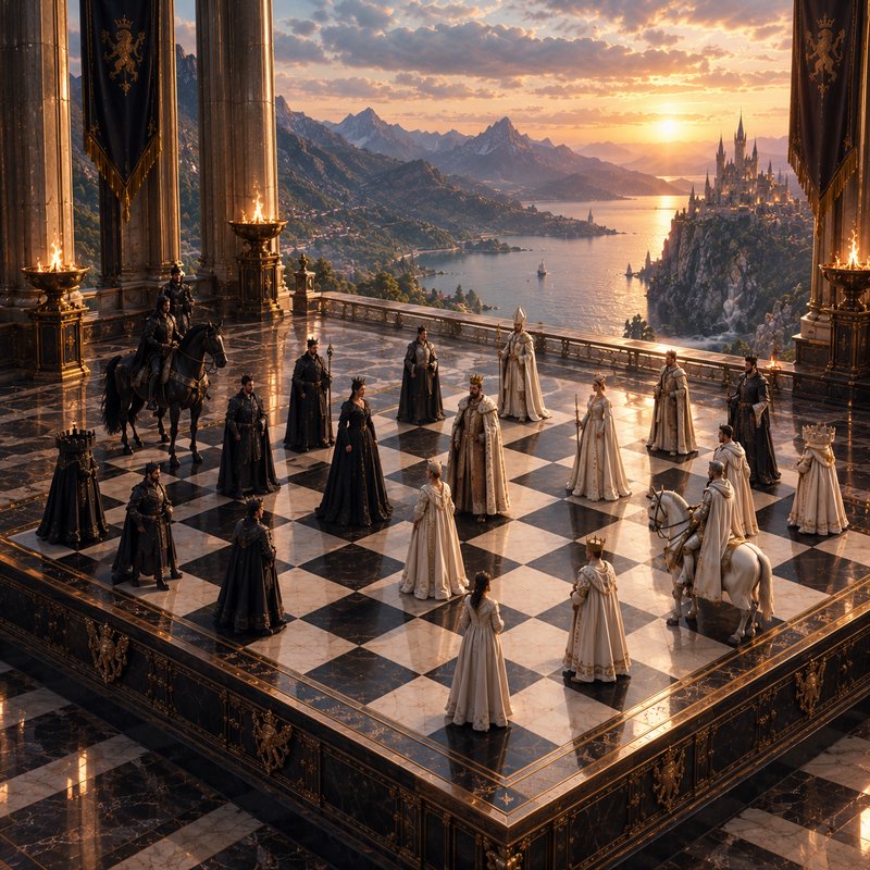 Giant marble chessboard terrace with royal fantasy chess pieces overlooking a golden sunset mount...