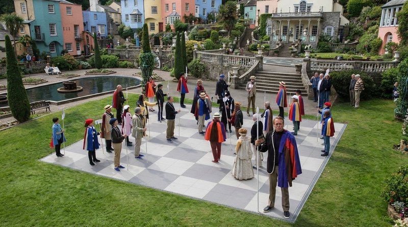 Life-sized human chess game with costumed players on a lawn chessboard at colorful Portmeirion vi...