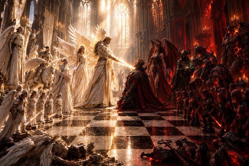 Epic fantasy standoff: winged angelic forces face demonic legions in a gothic cathedral, as an ar...