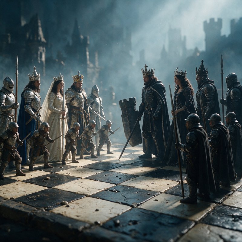 Epic fantasy scene of opposing royal knight factions arrayed across a giant weathered chessboard,...