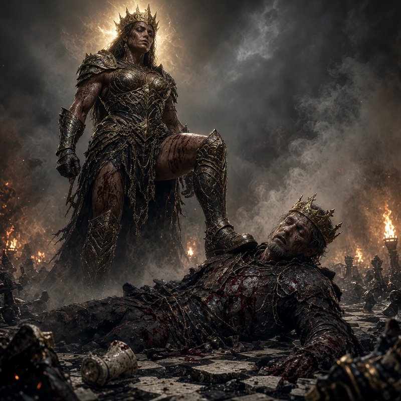 Victorious crowned warrior queen stands with boot on a defeated king, atop a smoldering war-torn ...