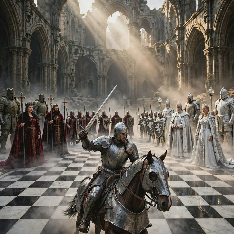 Armored mounted knight raises sword before opposing royal retinues in a misty ruined gothic cathe...