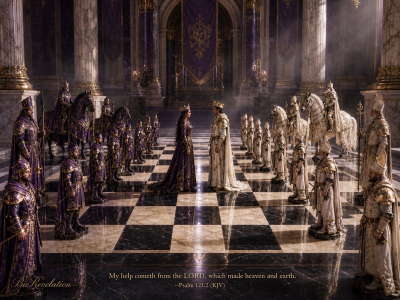 Fantasy throne room scene with crowned king and queen facing each other on a chessboard floor, ov...