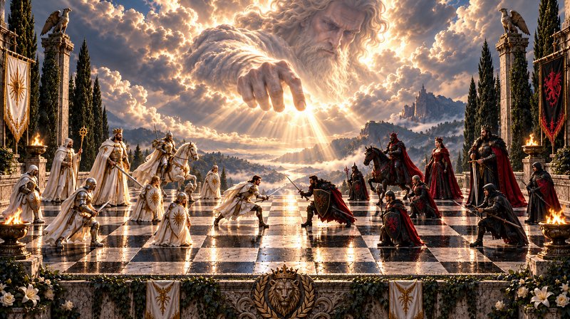 Giant godlike celestial figure reaches down over a marble chessboard of opposing medieval fantasy...