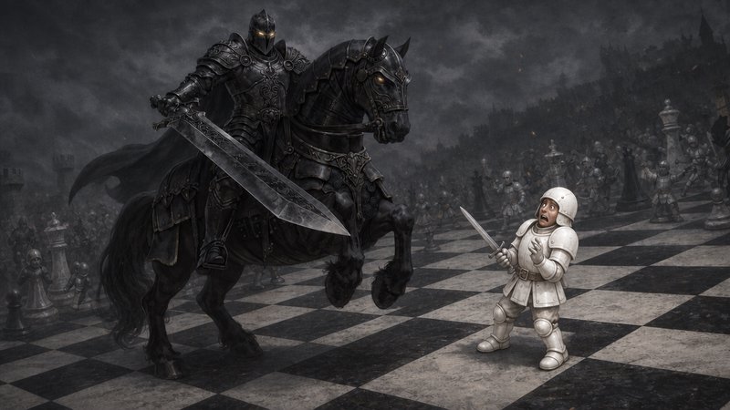 Menacing black armored chess knight on rearing horse confronts terrified white pawn on giant ston...