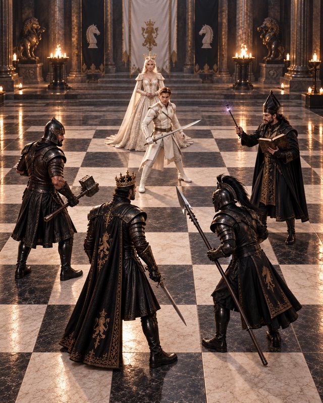 Cinematic fantasy throne room scene with characters arranged as living chess pieces on a checkere...
