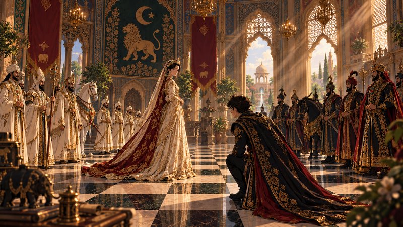 Nobleman kneels before a crowned queen in an ornate sunlit Islamic-style royal throne room lined ...