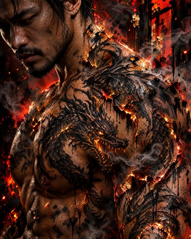 Close-up of muscular East Asian warrior with glowing fiery black dragon shoulder tattoo, surround...