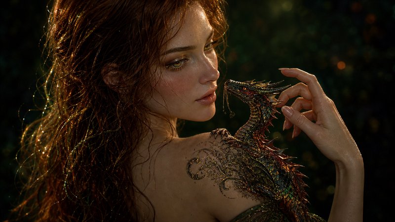 Ethereal red-haired fantasy woman gently interacts with a tiny iridescent spiked dragon perched o...