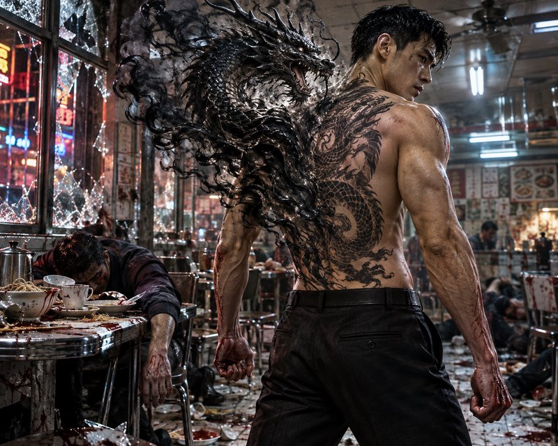 Shirtless muscular man with full back dragon tattoo, spectral smoky black dragon emerging from hi...