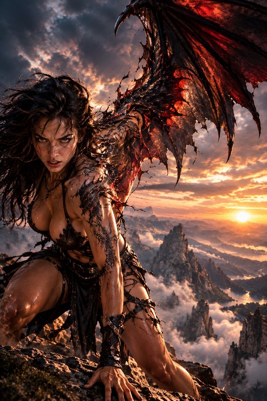 Fierce muscular winged demon warrior woman crouched on a jagged mountain cliff at dramatic golden...