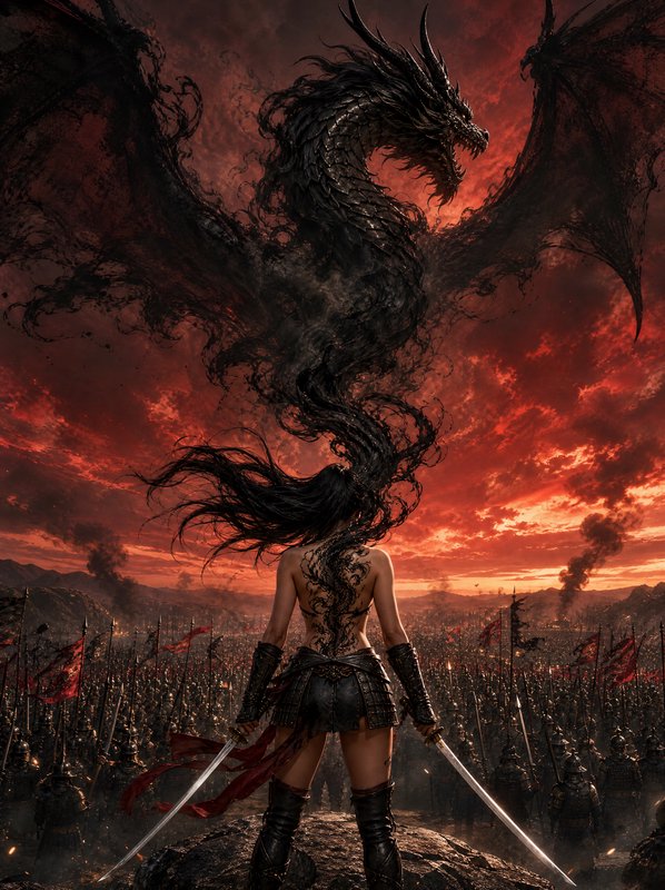 Back view of warrior woman with dragon spine tattoo, shadowy black dragon rising from her, overlo...