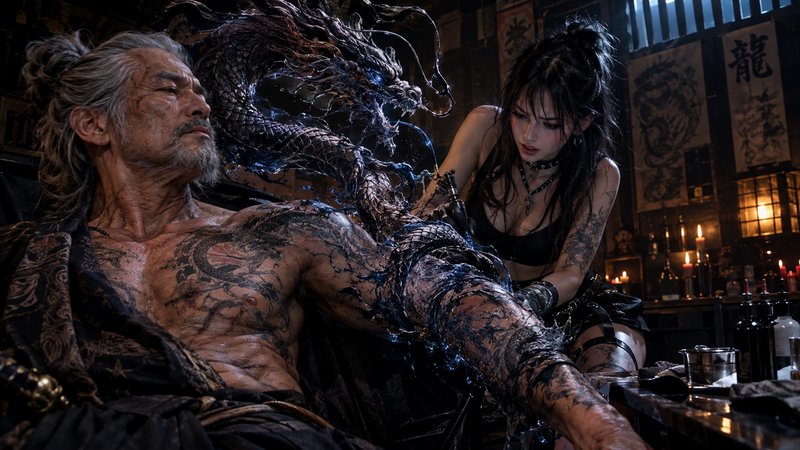 Female tattoo artist inking a glowing supernatural dragon irezumi onto a stoic older Yakuza man i...